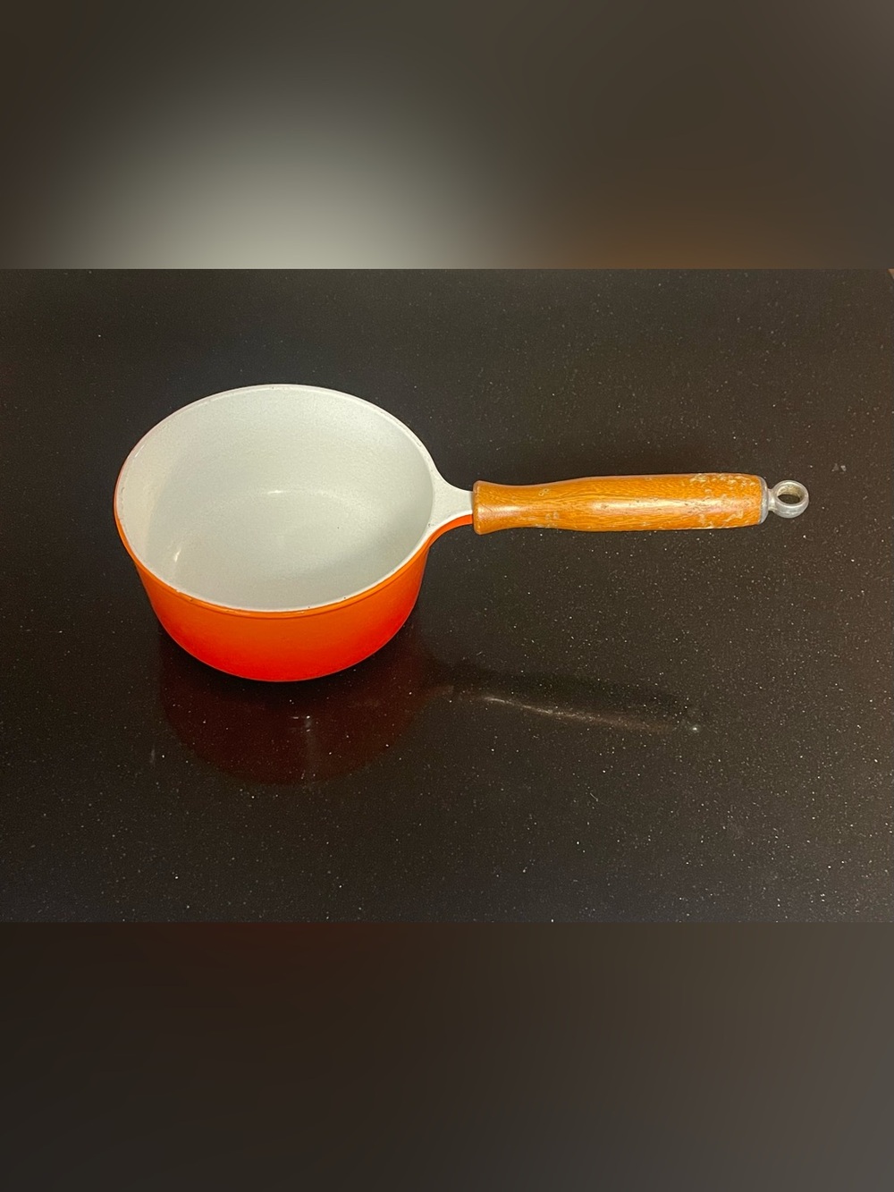 1979s MCM Casron Orange Enamel Saucepan with Wooden Handle